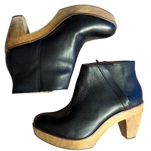 Kelsi Dagger Brooklyn Ankle Booties Black Leather Wood Block Heel Neo Minimalism